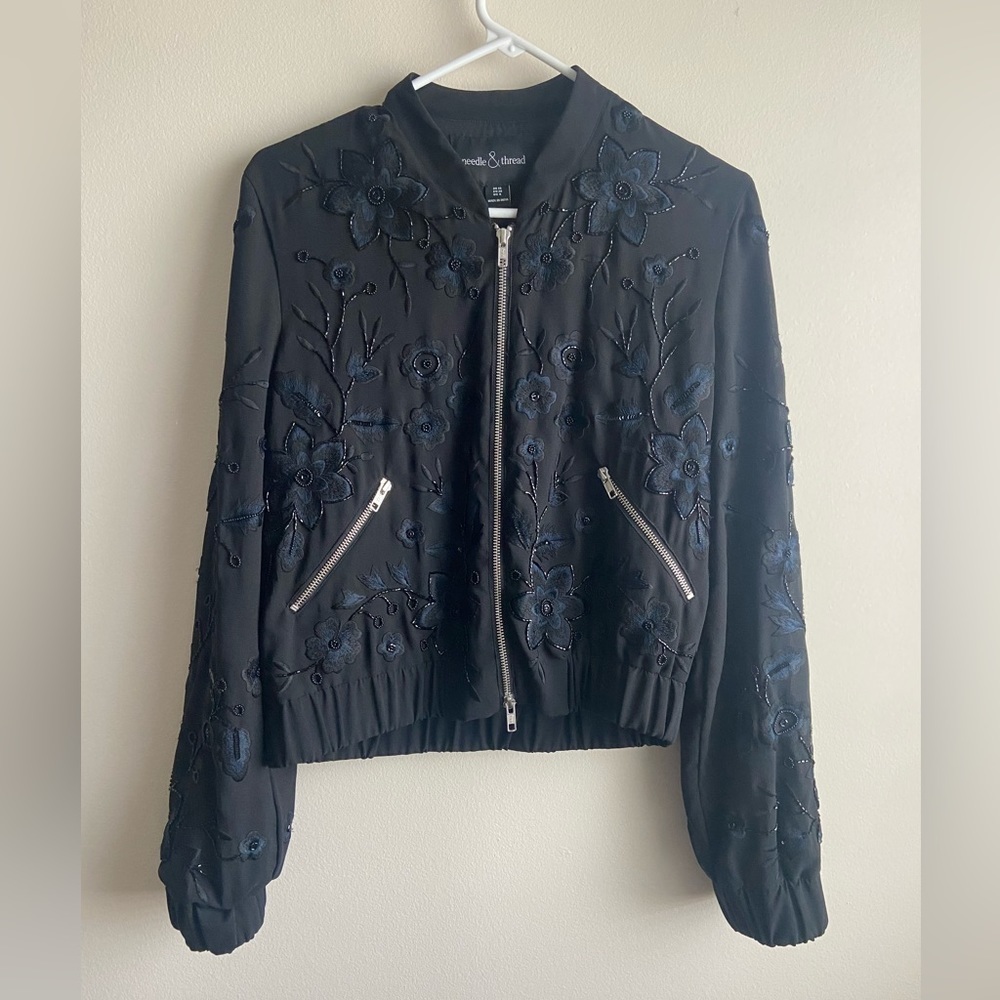 Needle & Thread embroidery bomber jacket size US 6 Navy Blue